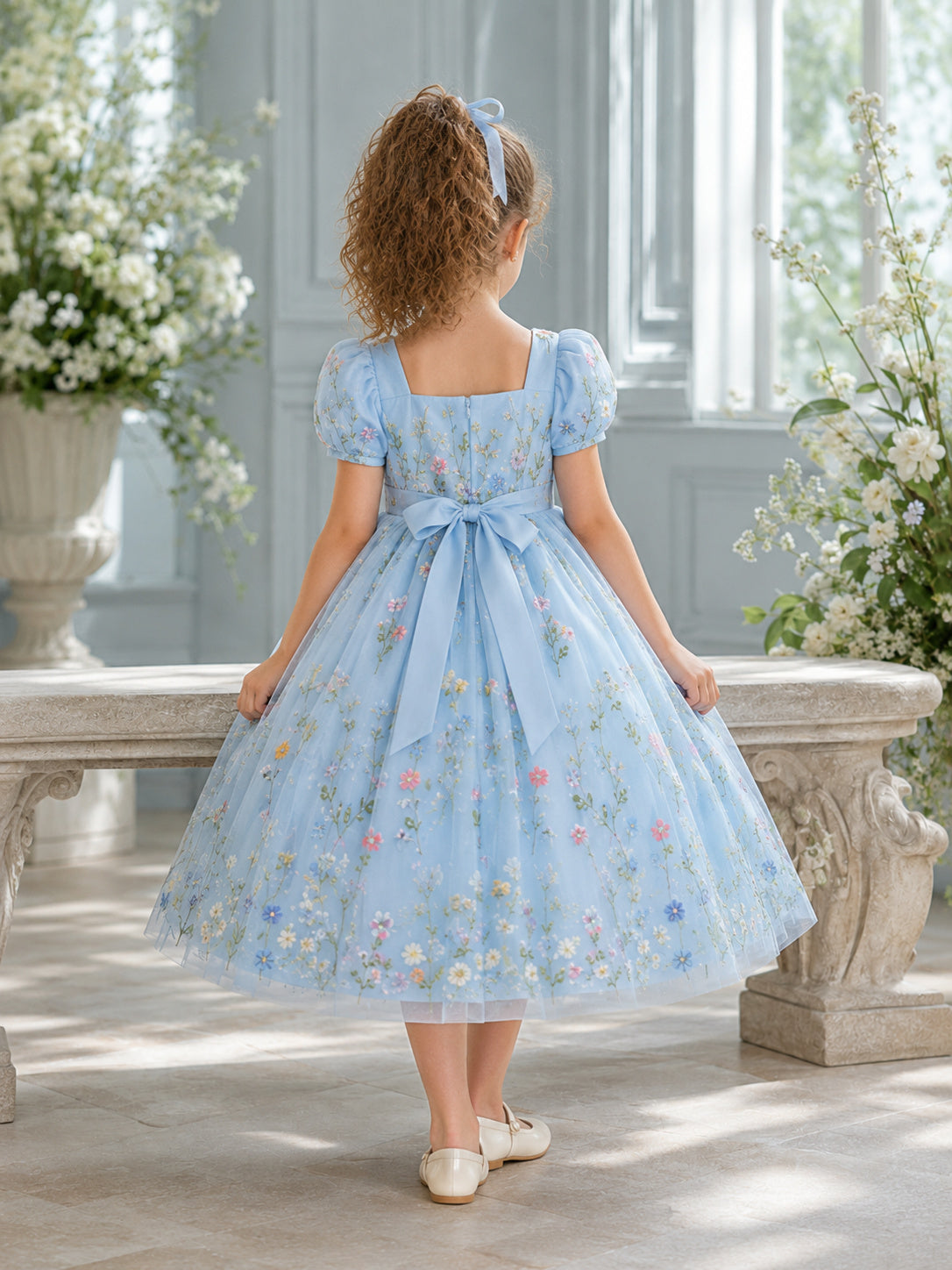 Sky Blue Pressed Flower Girl Dress with Puff Sleeves, Botanical Tulle A-Line, Natural Waist, and Tea-Length Skirt back view