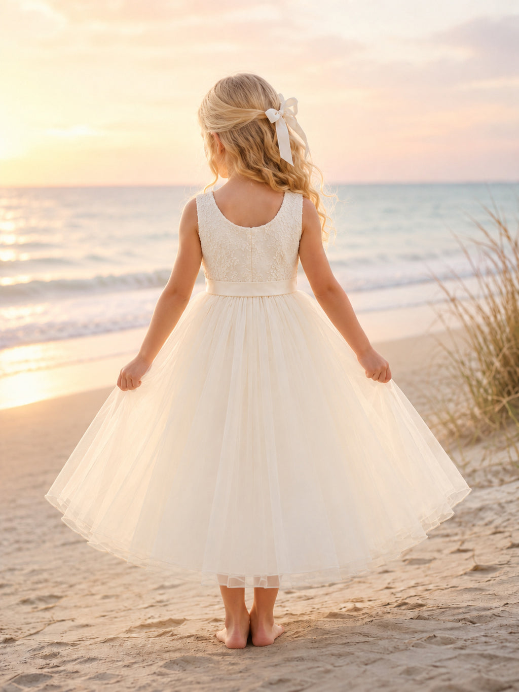 Flower Girl Dress Ivory Tulle A-Line Sleeveless Scoop Neck Tea Length Sash Bow Back back view
