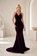 Evening Gown Plum Velvet Mermaid Halter Sleeveless Draped Sweep Train front view