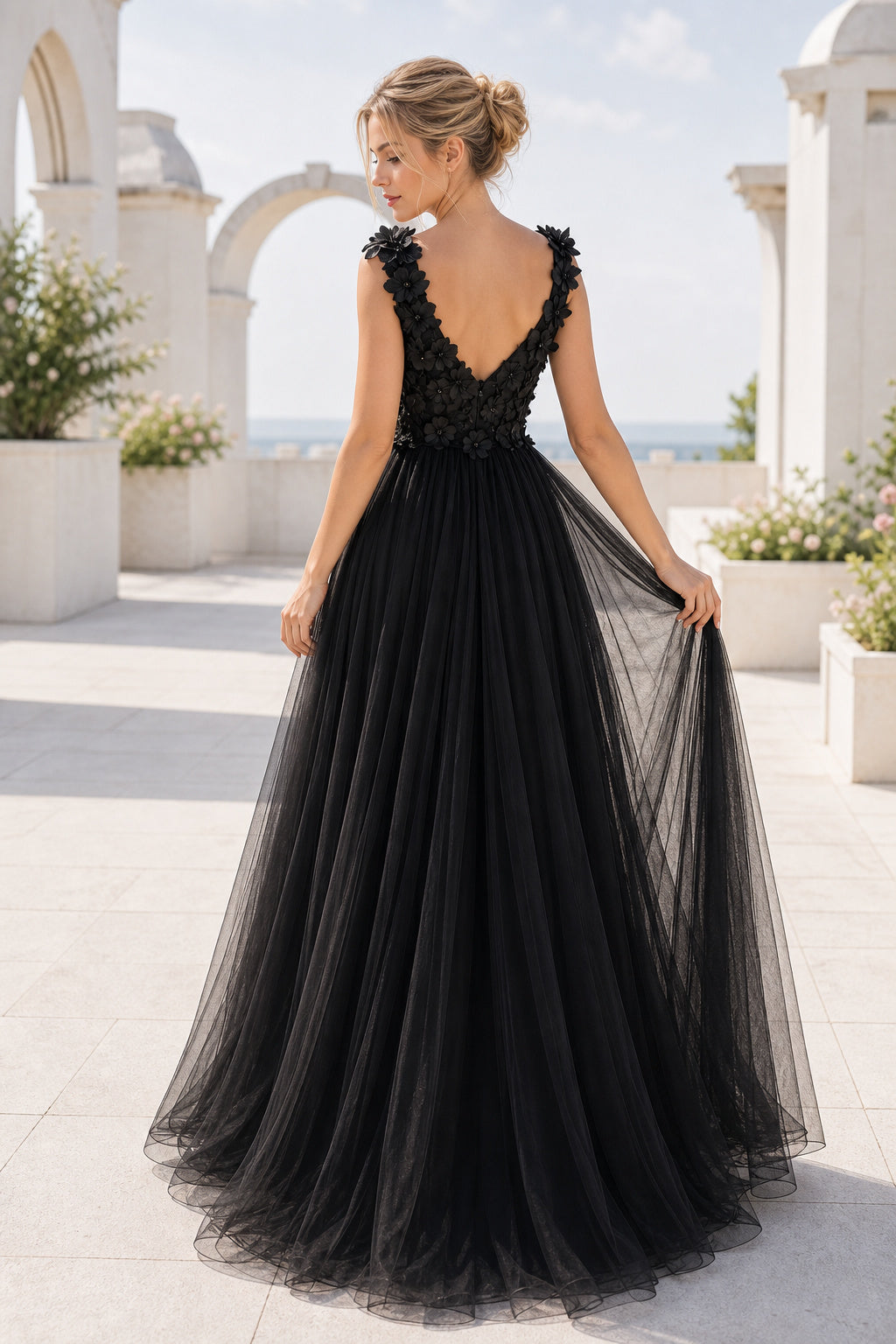Black V-neck A-Line Tulle Floor-length Formal Dress With Floral Appliques and Open Back
