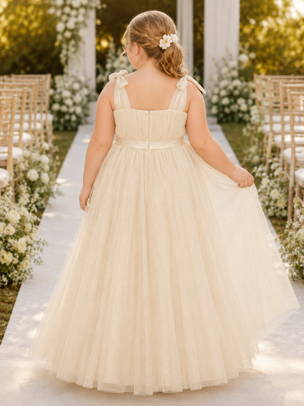 Flower Girl Dress Ivory Tulle Satin A-Line Square Neck Floor Length Sash Detail back view