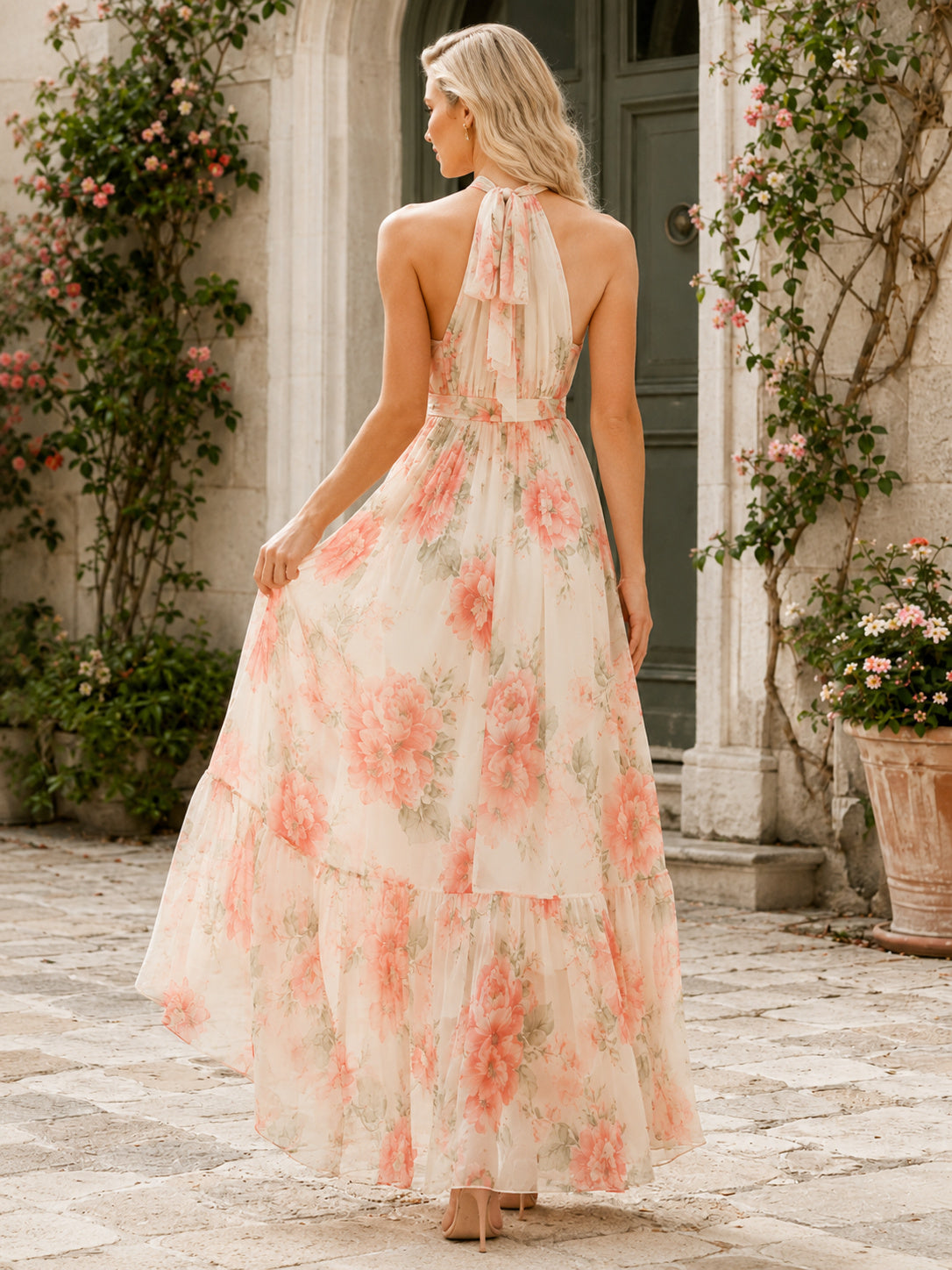 Watercolor Floral Halter Neck Chiffon Summer Maxi Dress back view