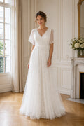 White V-neck Long Sleeves A-Line Lace Floor-length Wedding Dress With Lace and Open Back