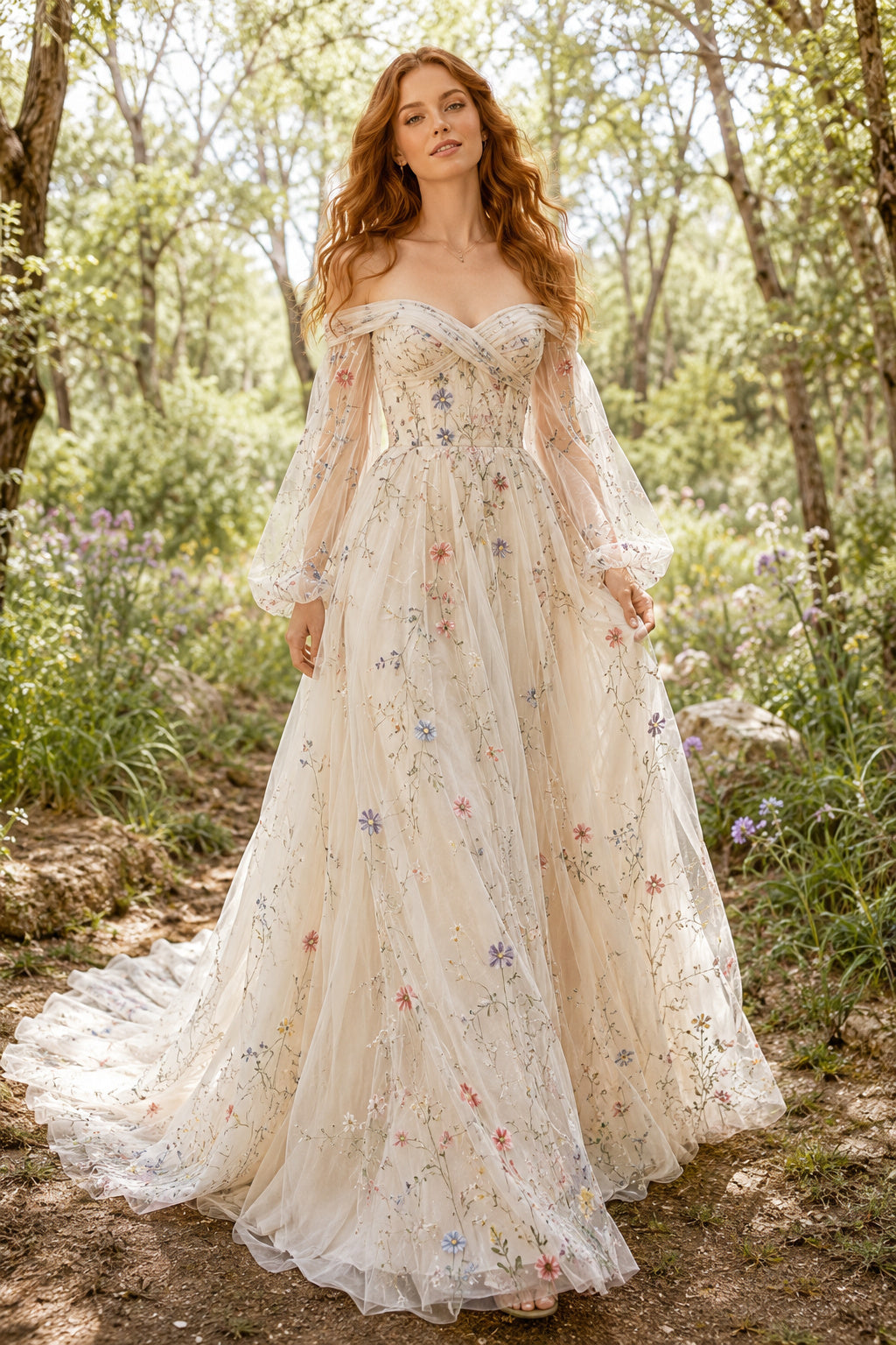Ivory Off-the-Shoulder Floral Embroidered Boho Wedding Dress with Long Tulle Sleeves front view