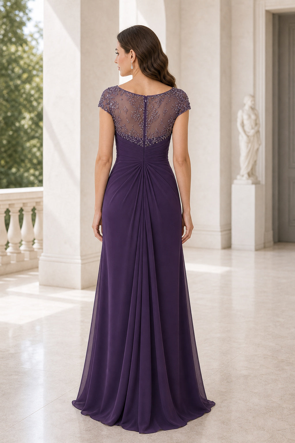 Plum Bateau Cap Sleeve A-Line Chiffon Floor-Length Dress With Lace Bodice