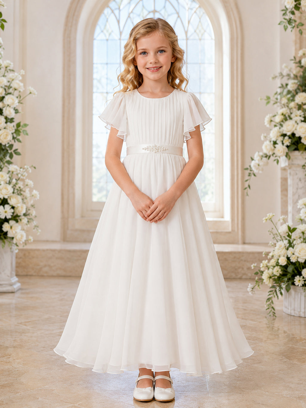 Flutter Sleeve Pleated Tulle Communion Flowergirl Tea Length Dress front view
