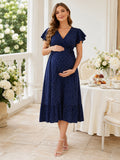 Dark Navy Polka Dot Maternity V Neck Flutter Sleeve A-Line Tea Length Brunch Dress front view