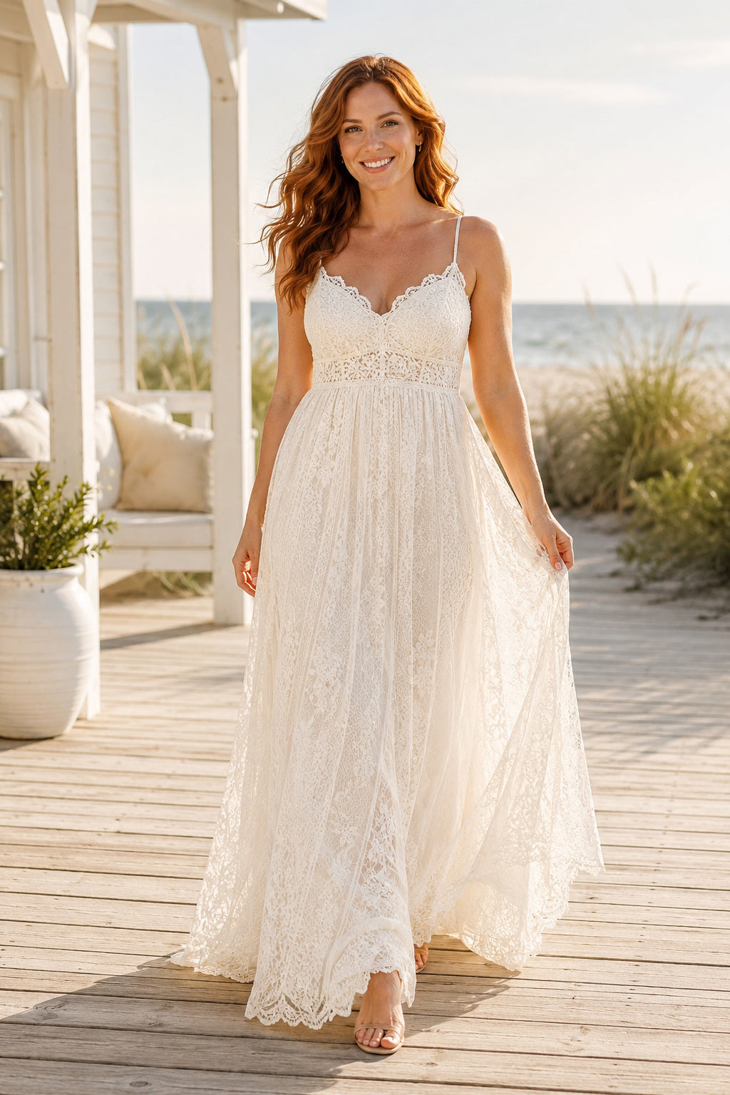 Ivory Spaghetti Strap Lace Tea-Length Wedding Guest Dress with Soft A-Line Skirt front view