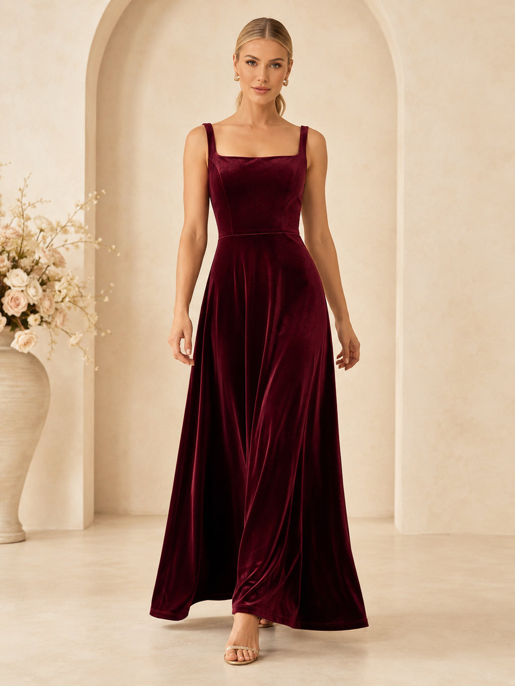 Burgundy Square Neck Velvet Sleeveless Evening Gown front view
