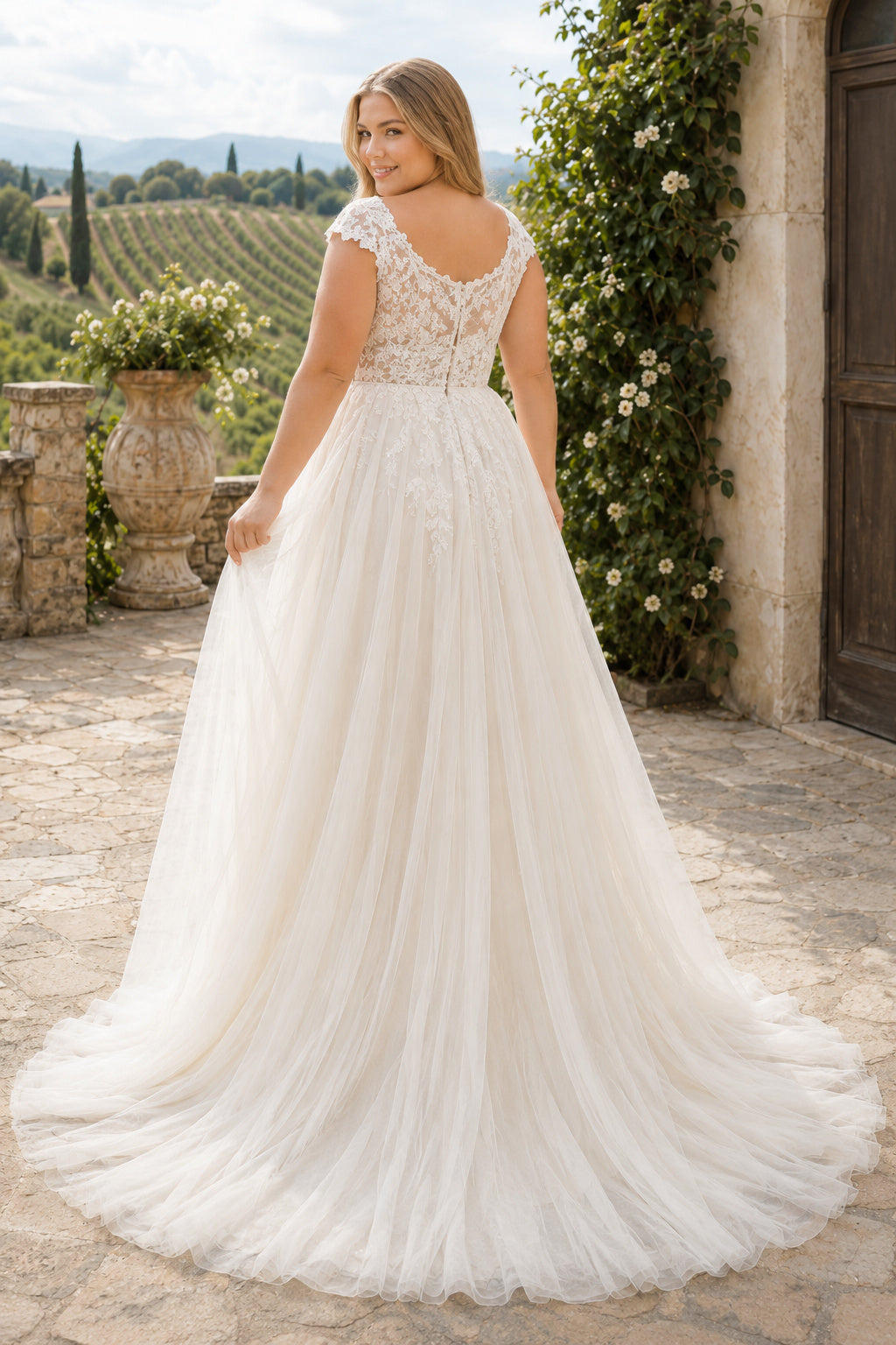 Plus Size Ivory Scoop Neck Cap Sleeve Lace Tulle A-Line Wedding Dress with Cap Sleeves and Full Tulle Skirt back view