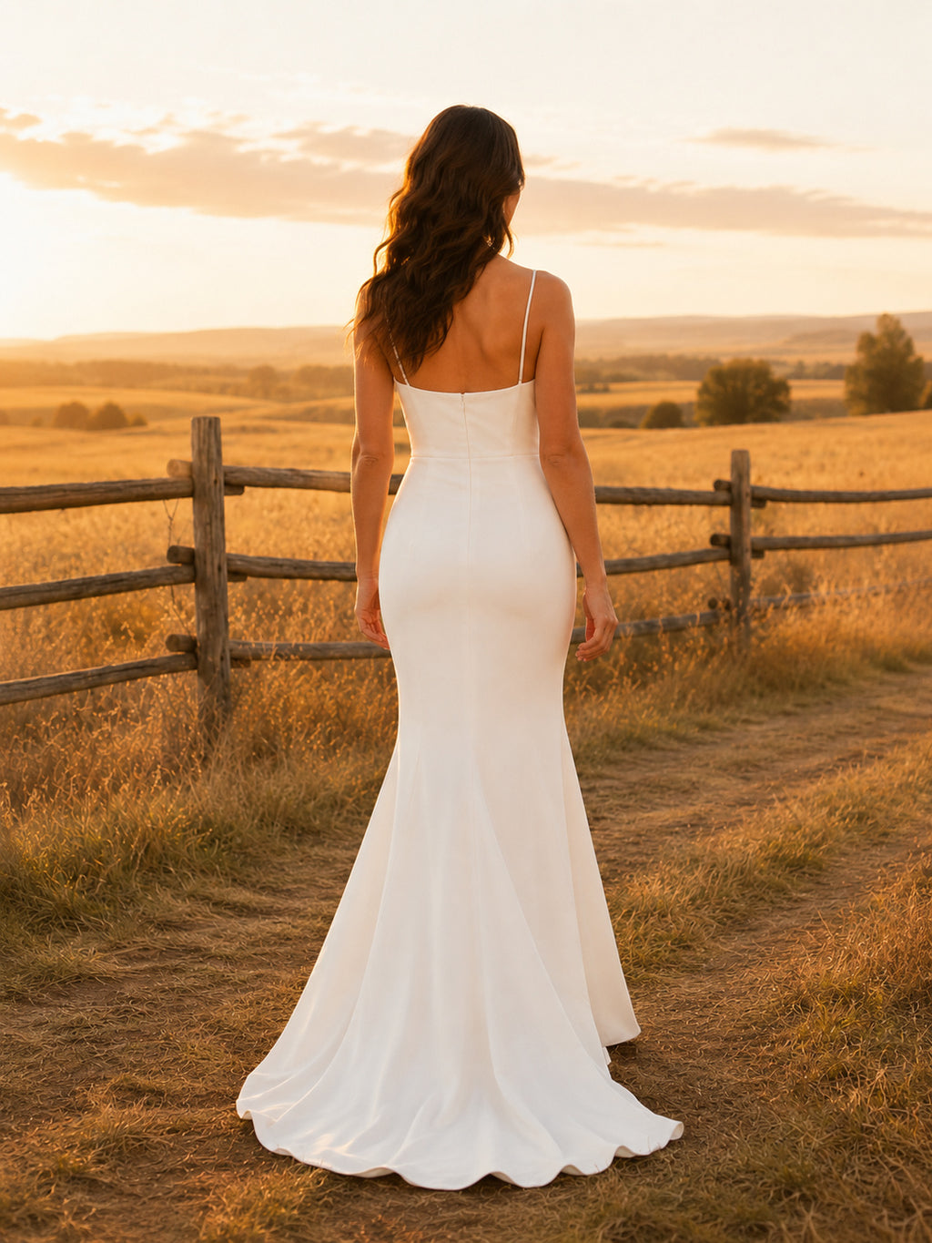 Minimalist Crepe Sheath Square Neck Spaghetti Strap Wedding Dress Simple Modern Elegant Sleeveless back view