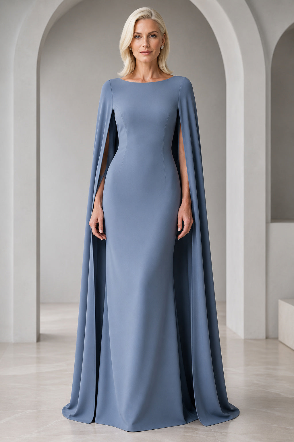 Steel Blue Bateau Neck Sheath Evening Dress with Long Cape Sleeves and Clean Floor Skirt front view