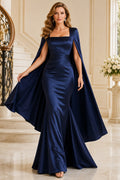 Evening Gown Dark Navy Satin Mermaid Off Shoulder Long Sleeve Sweep Train front view