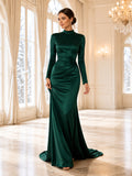 Emerald Long Sleeve High Neck Satin Mermaid Formal Dress front view