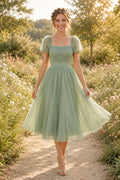 Sage Square Neck Puff Sleeve Smocked Bodice with Tulle Skirt Tea Length A-Line Homecoming Dress front view