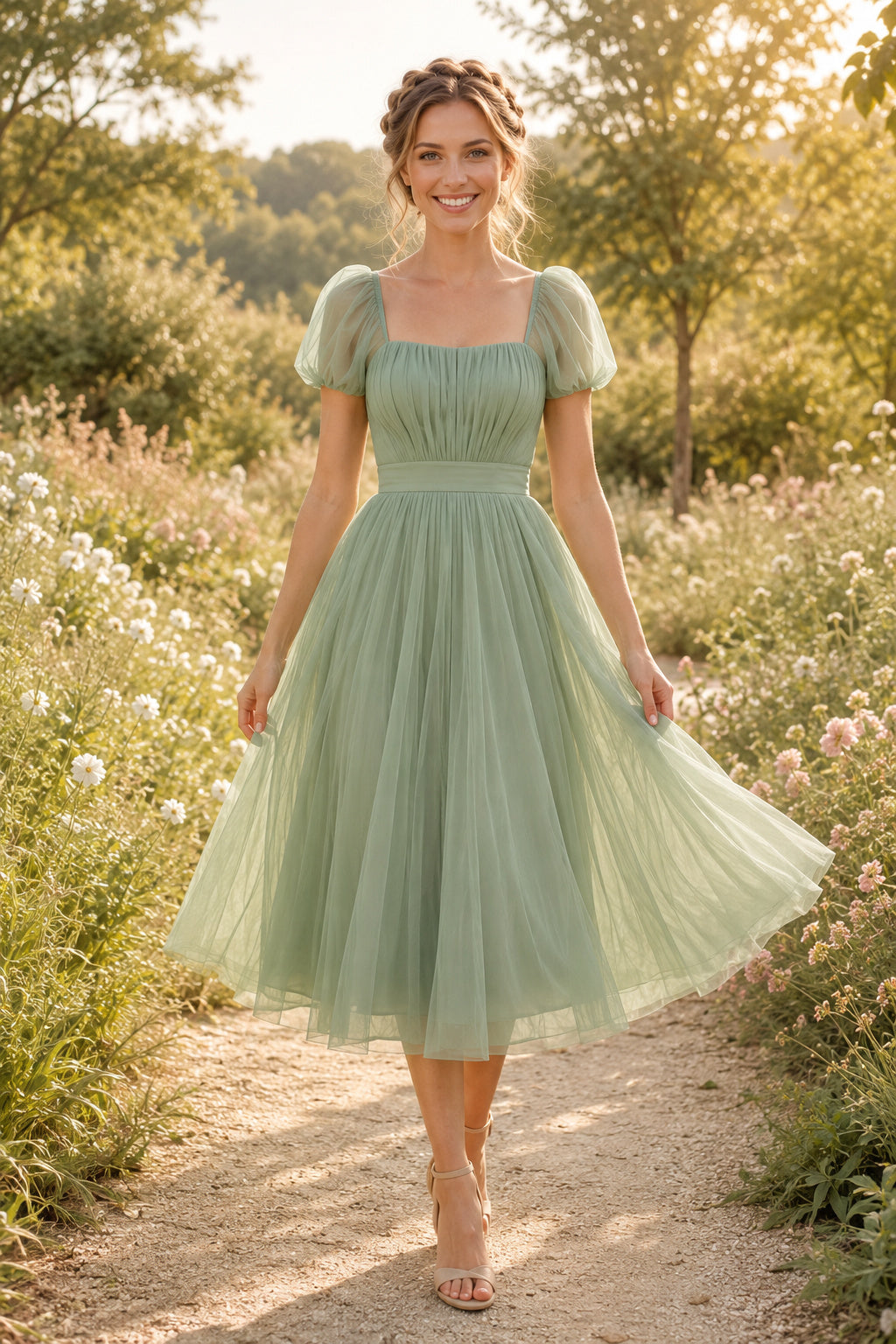 Sage Square Neck Puff Sleeve Smocked Bodice with Tulle Skirt Tea Length A-Line Homecoming Dress front view