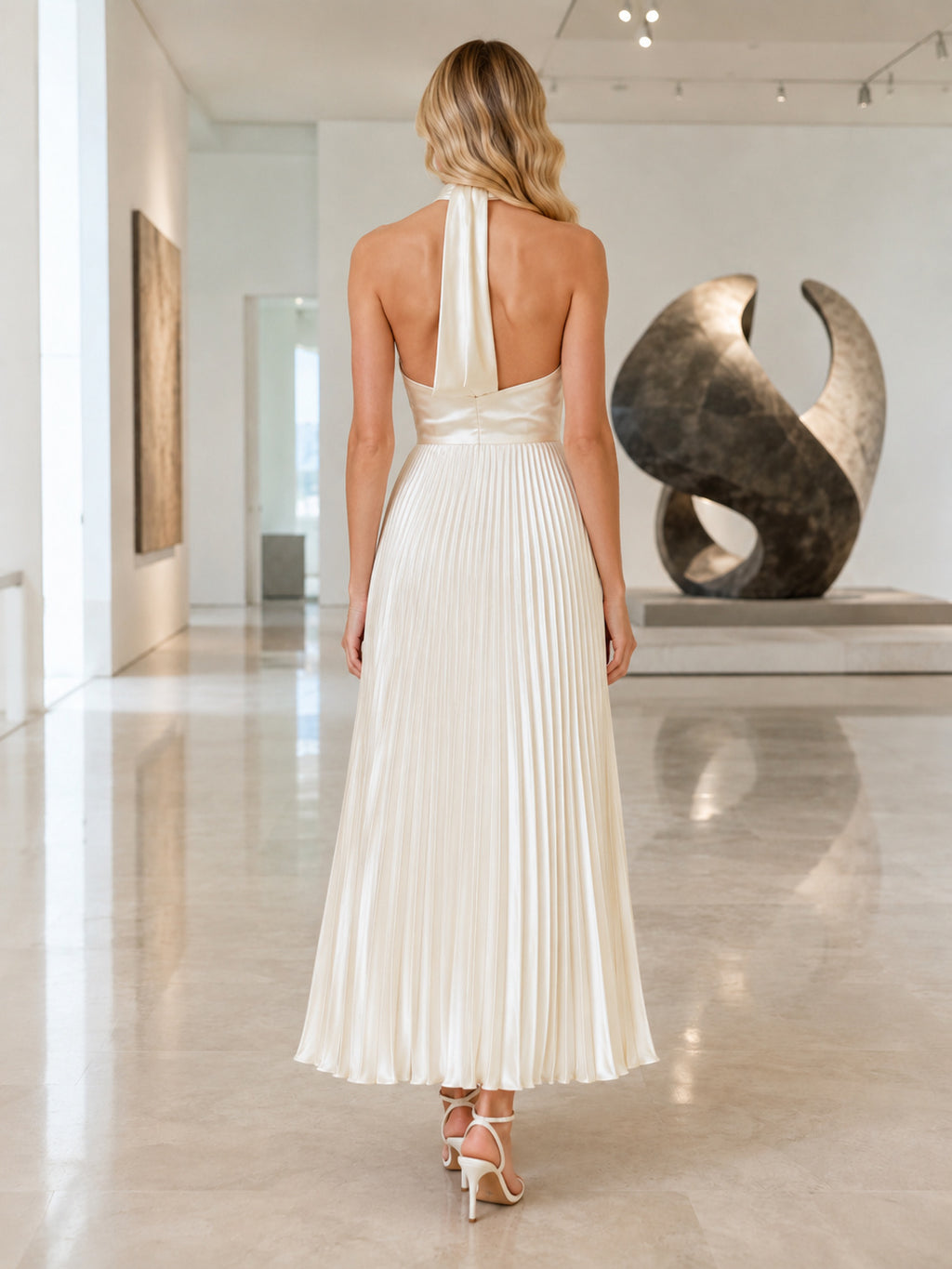 Halter Pleated Satin Tea Length Contemporary Museum Dress back view