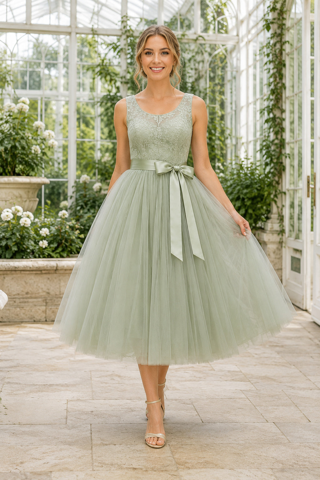 Sage Lace Bodice with Bow Sash and Tulle Skirt Tea Length A-Line Bridesmaid Dress front view