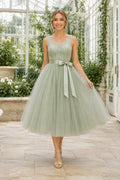 Sage Lace Bodice with Bow Sash and Tulle Skirt Tea Length A-Line Bridesmaid Dress front view