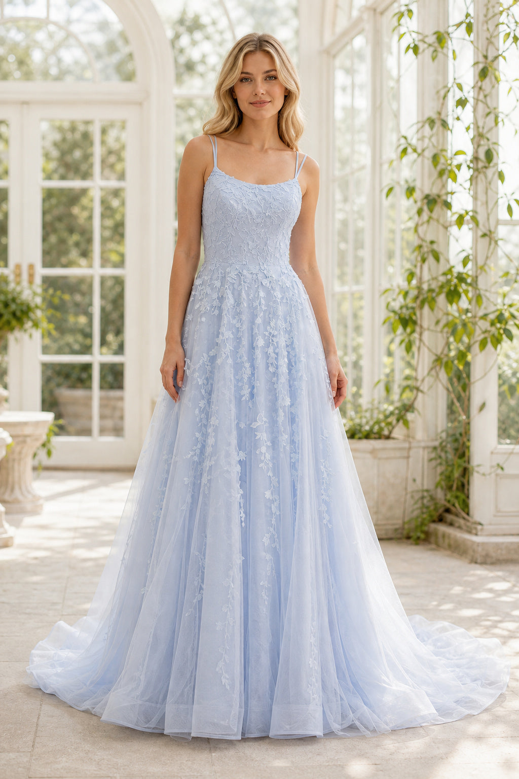 Light Blue Spaghetti Strap A-Line Lace Floor-Length Dress With Criss-Cross Back