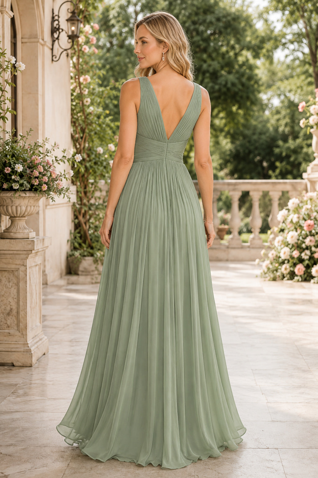Sage V-Neck Chiffon A-Line Bridesmaid Dress with Pleated Bodice and Flowing Skirt back view