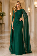 Dark Green Jewel Neck Sheath Evening Dress with Draped Cape Sleeves and V-Back front view