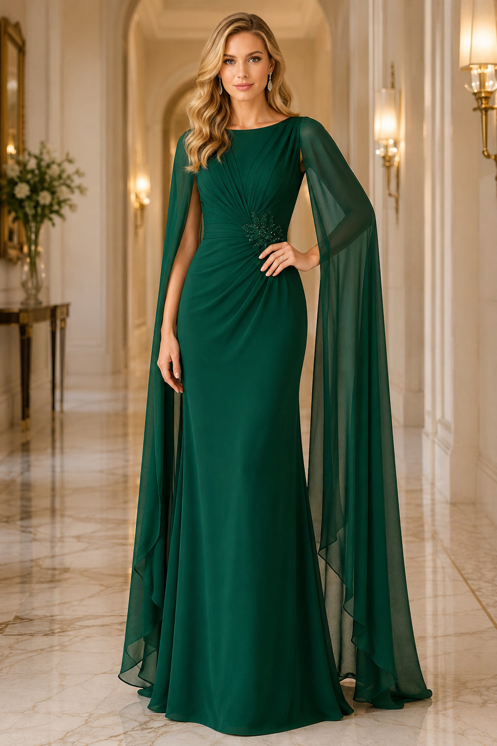 Dark Green Jewel Neck Sheath Evening Dress with Draped Cape Sleeves and V-Back front view