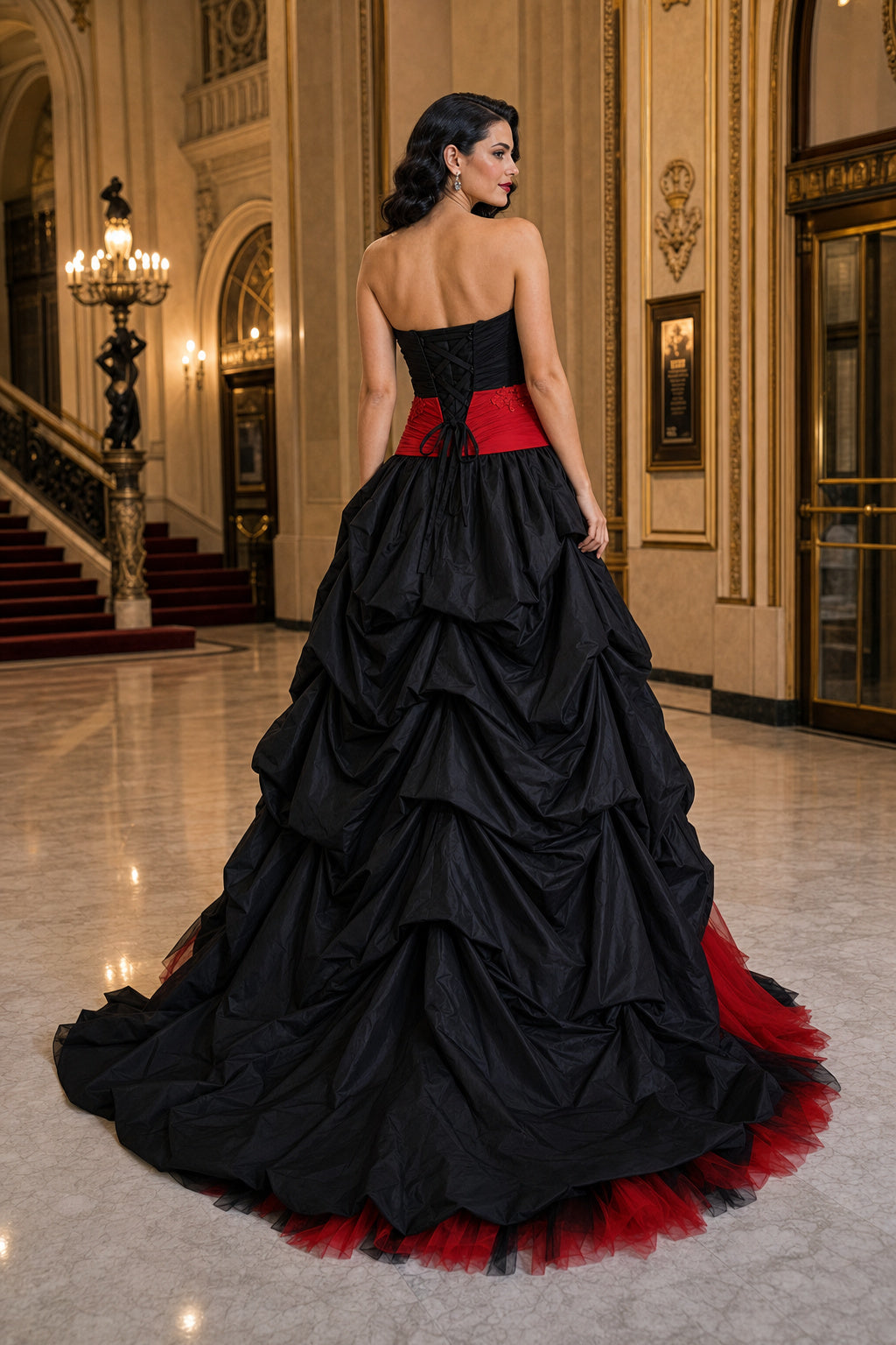 Black and Red Strapless Ball Gown Tulle, Satin Floor-length Formal Dress With Ruffles and Sash and Lace-up Back