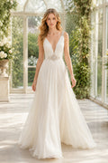 Deep V Tulle A-Line Wedding Dress with Beaded Waist Detail front view