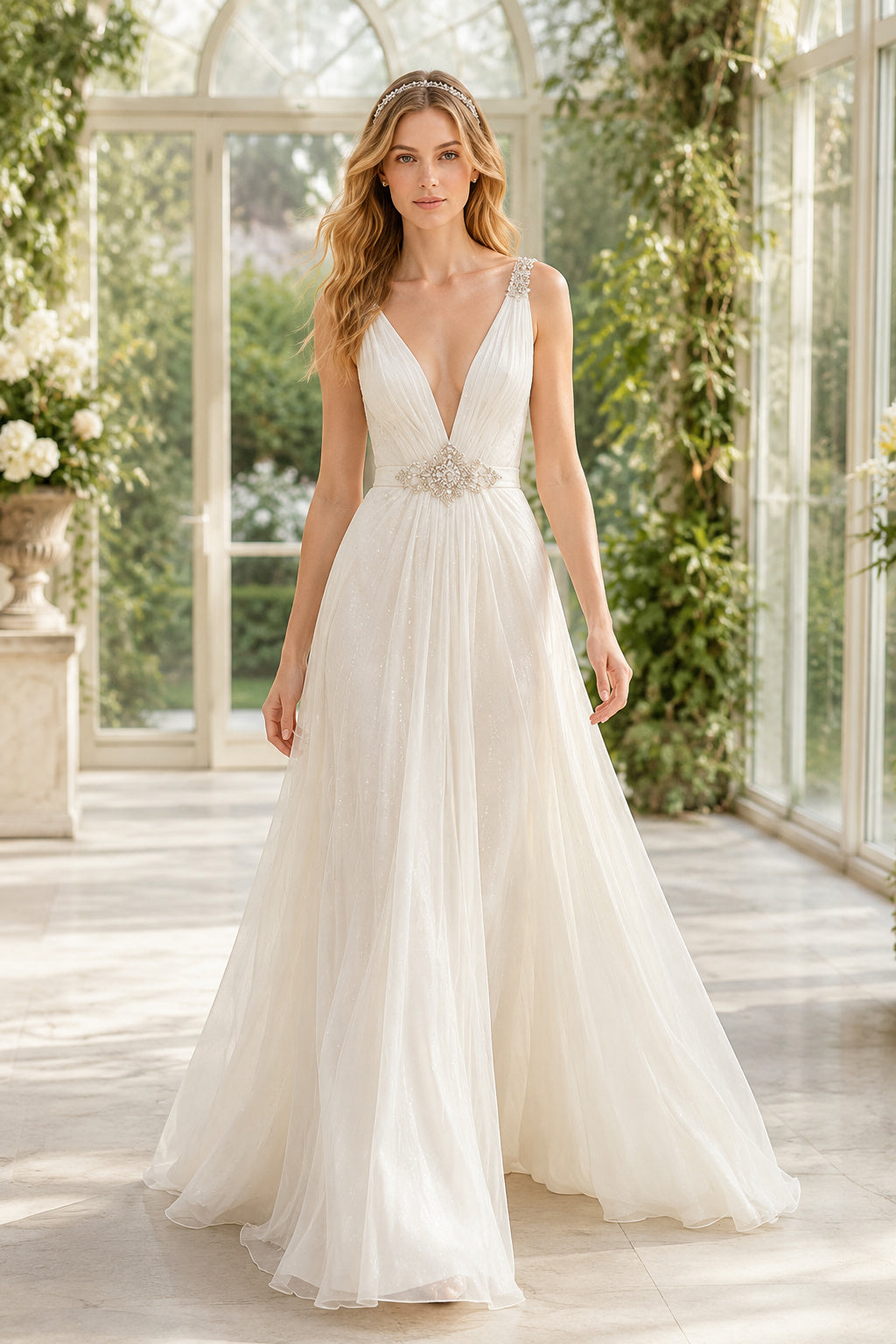 Deep V Tulle A-Line Wedding Dress with Beaded Waist Detail front view