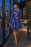 Royal Blue Long Sleeve Lace A-Line Knee-Length Dress With Sheer Sleeves