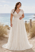 Plus Size Ivory V-Neck Flutter Sleeve Lace Tulle A-Line Wedding Dress with Flutter Lace Sleeves and Chiffon Sweep Train front