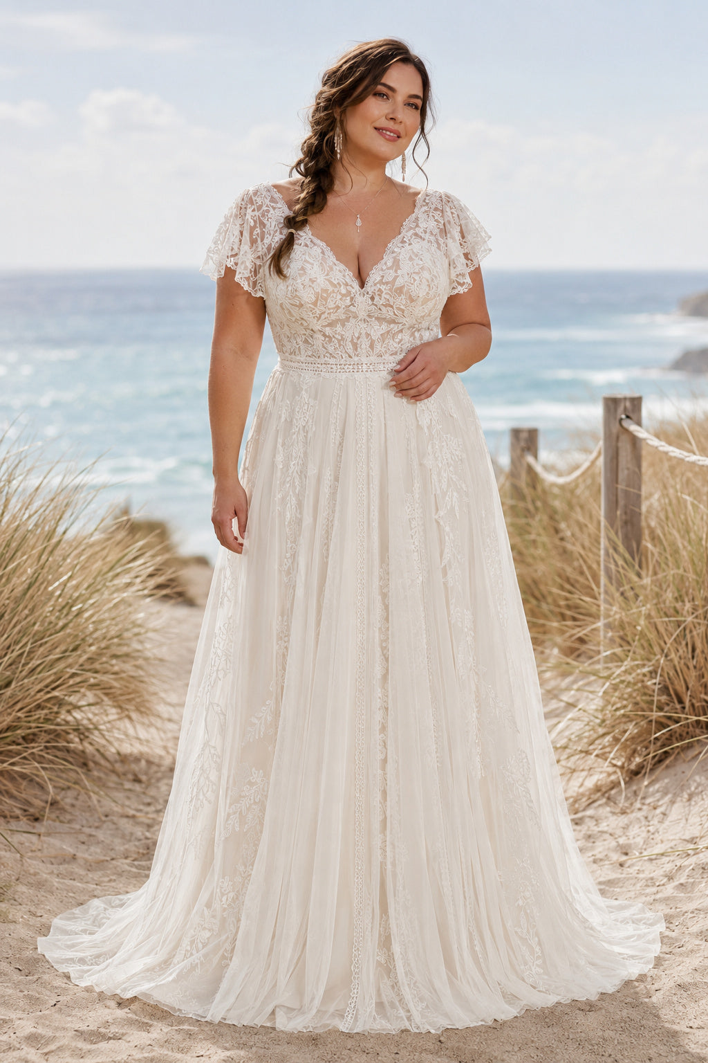Plus Size Ivory V-Neck Flutter Sleeve Lace Tulle A-Line Wedding Dress with Flutter Lace Sleeves and Chiffon Sweep Train front