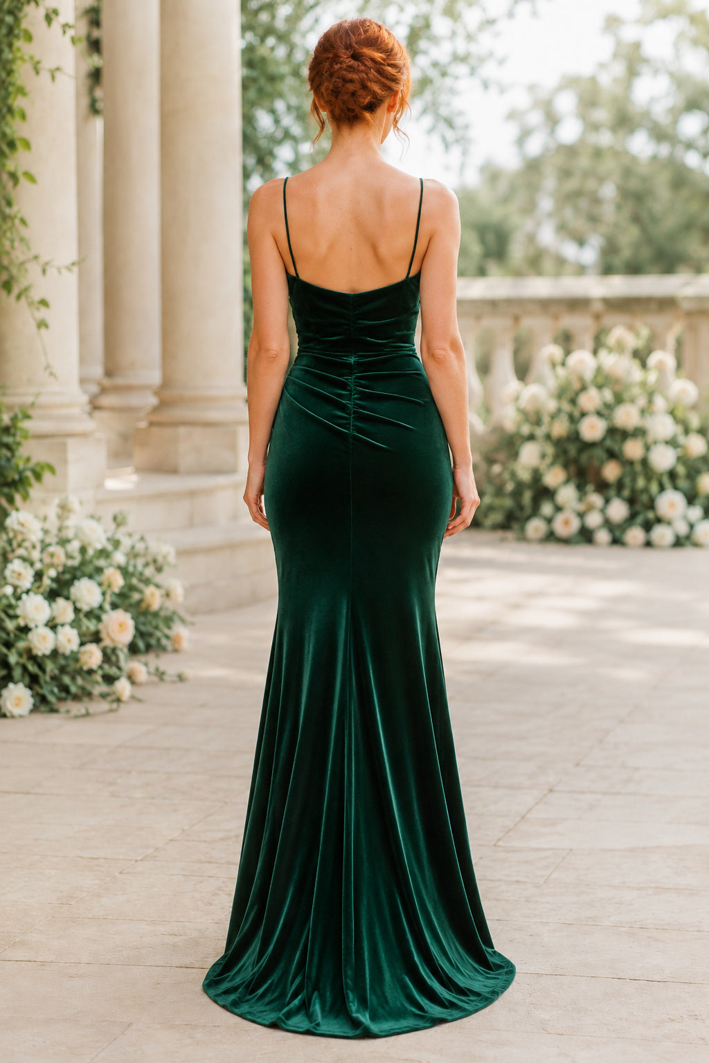 Dark Green Cowl Neck Velvet Mermaid Evening Dress with Spaghetti Straps and Draped Skirt back view