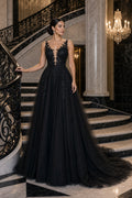 Black V-neck Sleeveless A-Line Tulle Floor-Length Dress With Lace Appliques