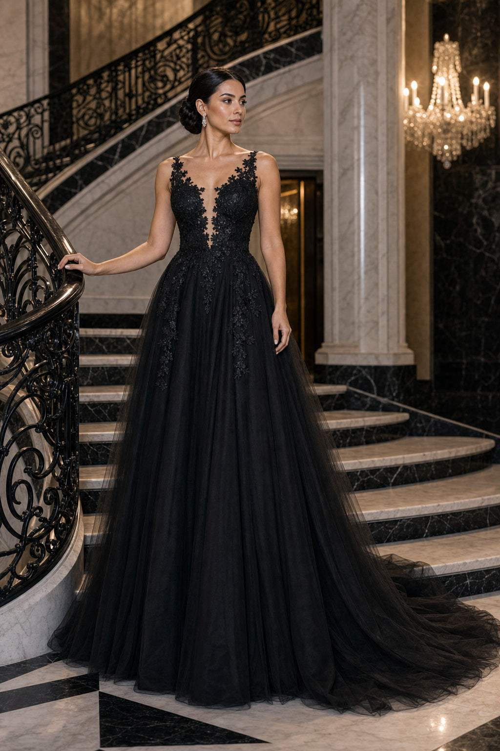 Black V-neck Sleeveless A-Line Tulle Floor-Length Dress With Lace Appliques