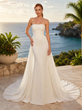 Strapless Draped Satin Sheath Chapel Train Minimal Destination Wedding Gown front view