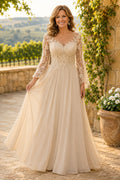 Champagne Long Sleeve Lace A-Line Mother Dress with Illusion V-Back front view