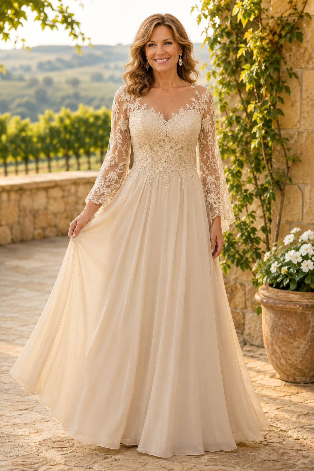 Champagne Long Sleeve Lace A-Line Mother Dress with Illusion V-Back front view