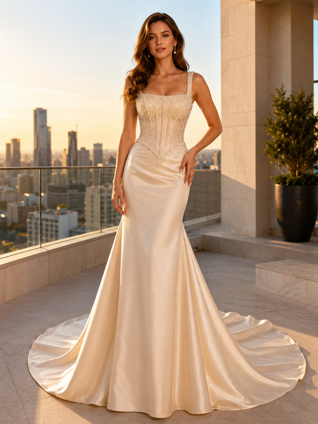 Champagne Square Neck Satin Mermaid Rooftop Bridal Gown front view