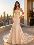 Champagne Square Neck Satin Mermaid Rooftop Bridal Gown front view