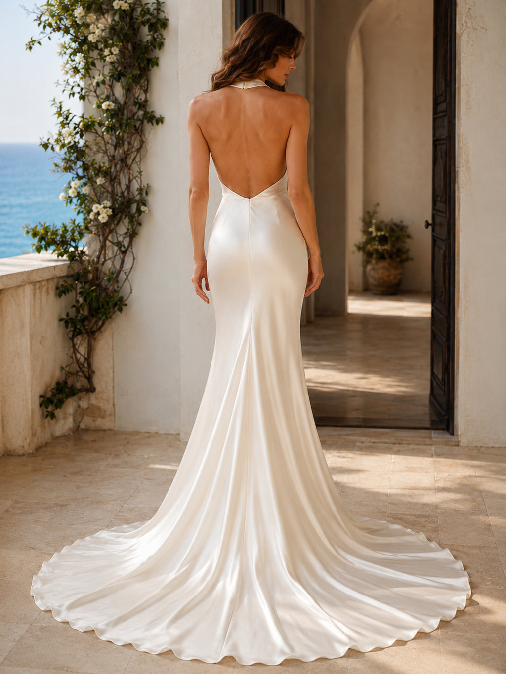 Sexy Satin Wedding Dress Mermaid V-Neck Sweep Train with Slit Low V Back Bridal Gown back view