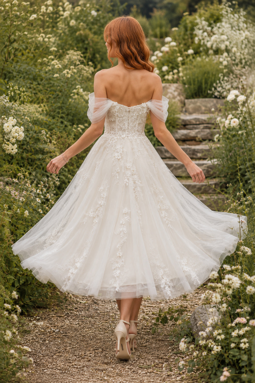 Ivory Off-the-Shoulder Sweetheart Flutter Sleeve Lace Tulle Tea-Length Wedding Dress with Flutter Sleeves and Tulle Midi Skir