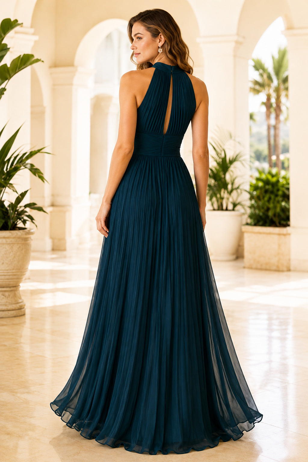 Dark Green Halter Chiffon A-Line Bridesmaid Dress with Pleated High Neck and Open Back back view