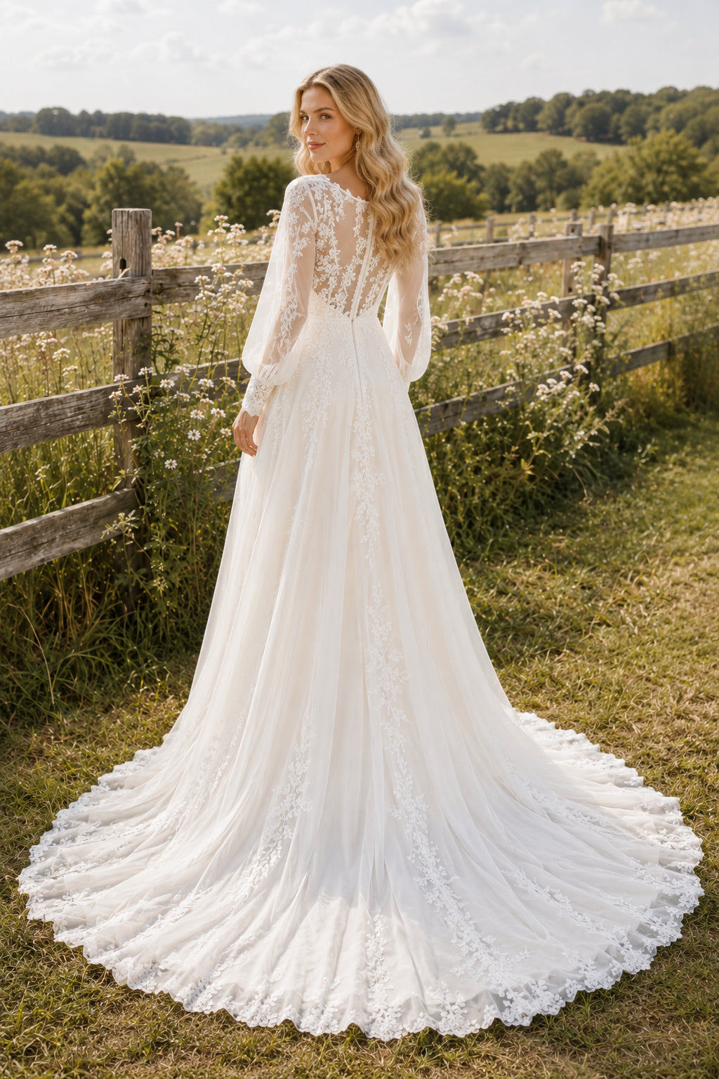 Long Sleeve V-Neck A-Line Wedding Dress with Lace Bodice and Soft Train for Rustic Garden Ceremony back view