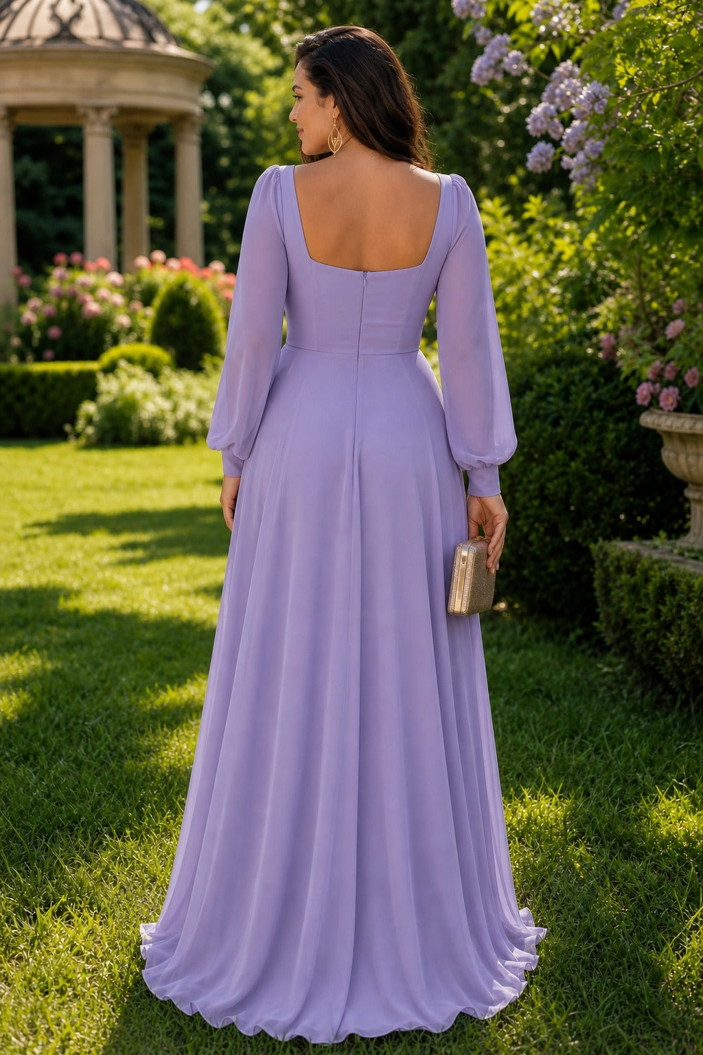 Lavender Square Neck Floor-Length Chiffon A-Line Dress
