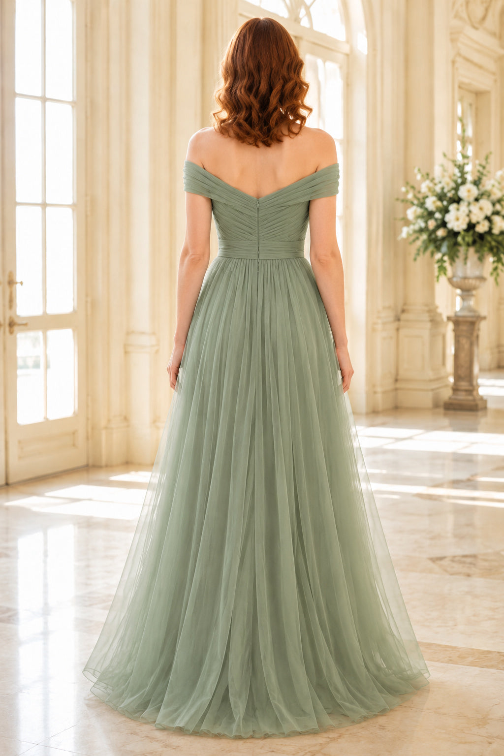 Sage Off-the-Shoulder Tulle A-Line Bridesmaid Dress with Sweetheart Bodice back view