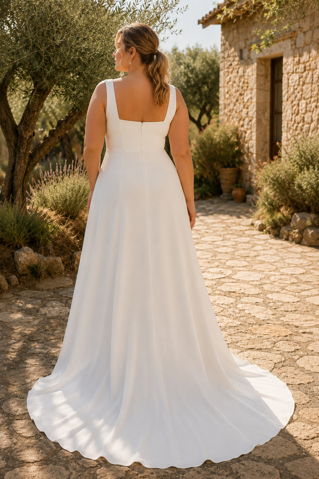 White Square Neck Sleeveless Satin A-Line Wedding Dress with Minimal Skirt and Sweep Train back view