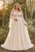 Ivory Plus Size Off-the-Shoulder Lace A-Line Wedding Dress with Bell Sleeves and Train front view