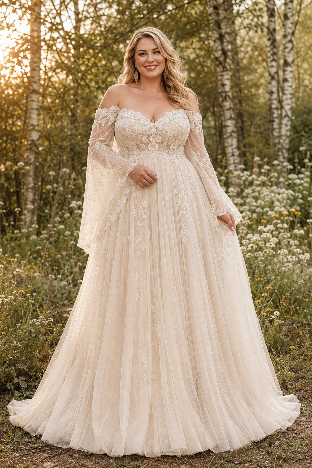 Ivory Plus Size Off-the-Shoulder Lace A-Line Wedding Dress with Bell Sleeves and Train front view